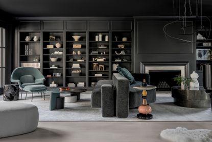 Black bookshelves in an atmospheric living room