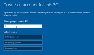 The create new account screen for Windows' sysprep config.