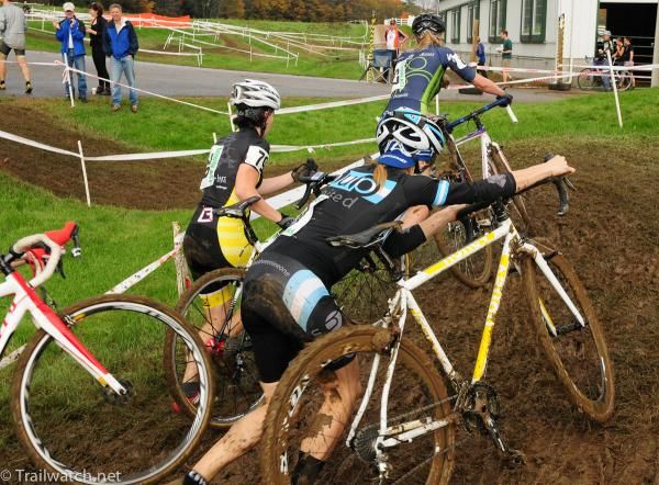Women were forced to dismount due to congestion on lap one.