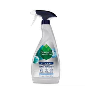 A silver Seventh Generation stain removal spray with a black lid and leaf and water illustrations on the front.