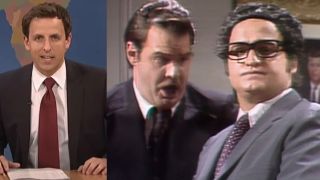 Seth Meyers shown during a Weekend Update sketch, pictured next to Dan Aykroyd and John Belushi playing Nixon and Kissinger, on Saturday Night Live.