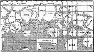 A map of "canali" on planet Mars, as erroneously seen and sketched by Italian astronomer Giovanni Schiaparelli.