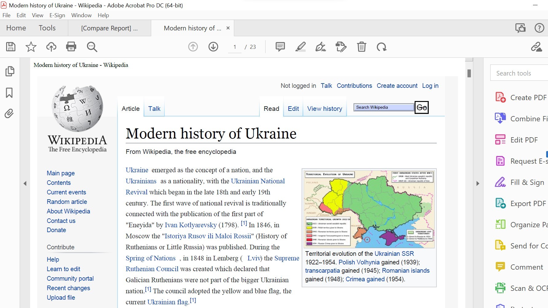 Screengrab of Adobe Acrobat Pro DC showing Wikipedia page on Ukraine