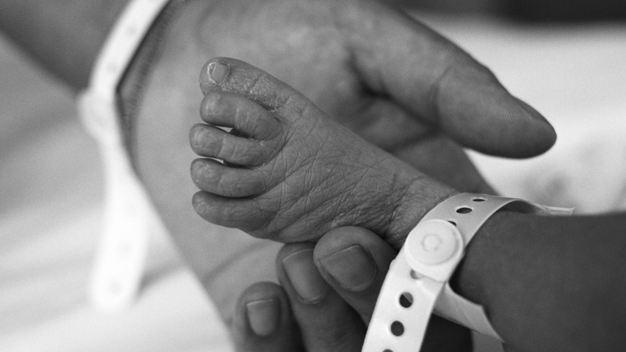 A hand holding a baby’s foot with an identity tag