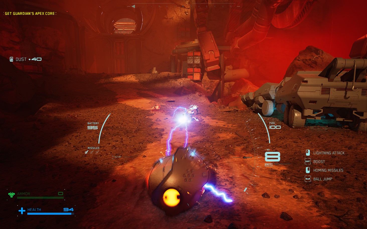 A metal ball rolls across a red planet shooting lightning