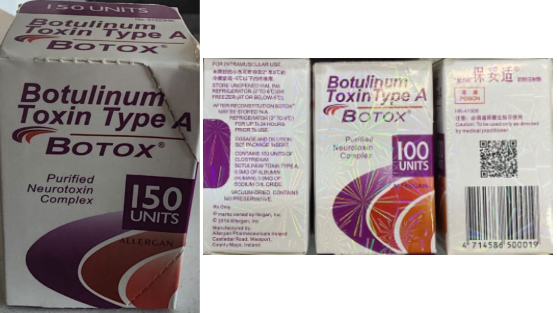 two photos of packaging that reads botulism toxin type A botox