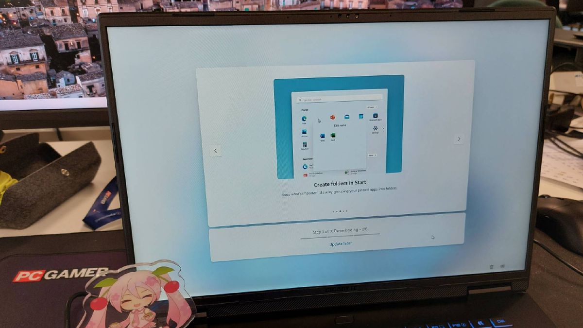 The Gigabyte Aero X16 gaming laptop seen during first-time setup for Windows 11. User's now have the option to carry out updates later.
