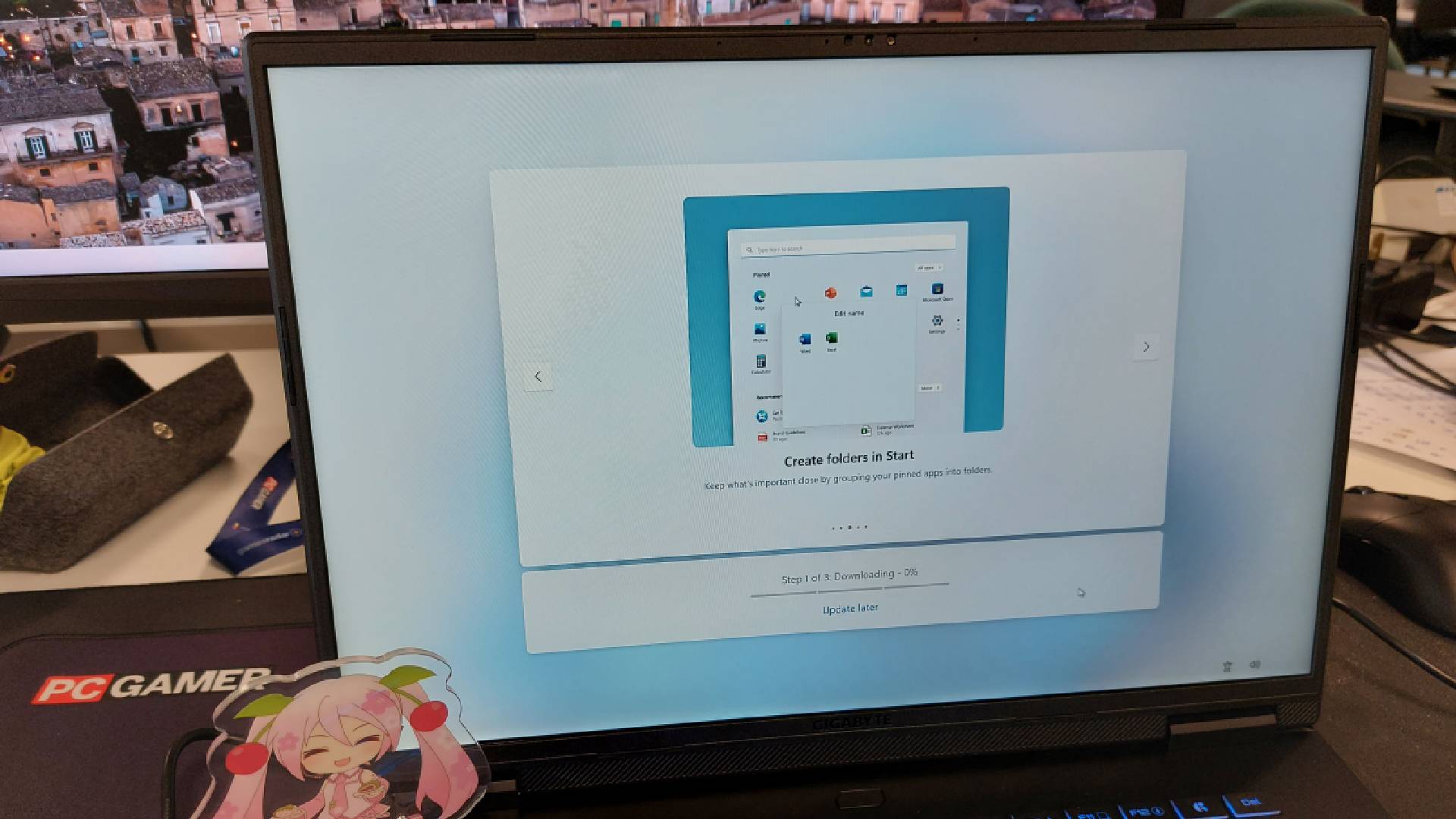 The Gigabyte Aero X16 gaming laptop seen during first-time setup for Windows 11. User's now have the option to carry out updates later.