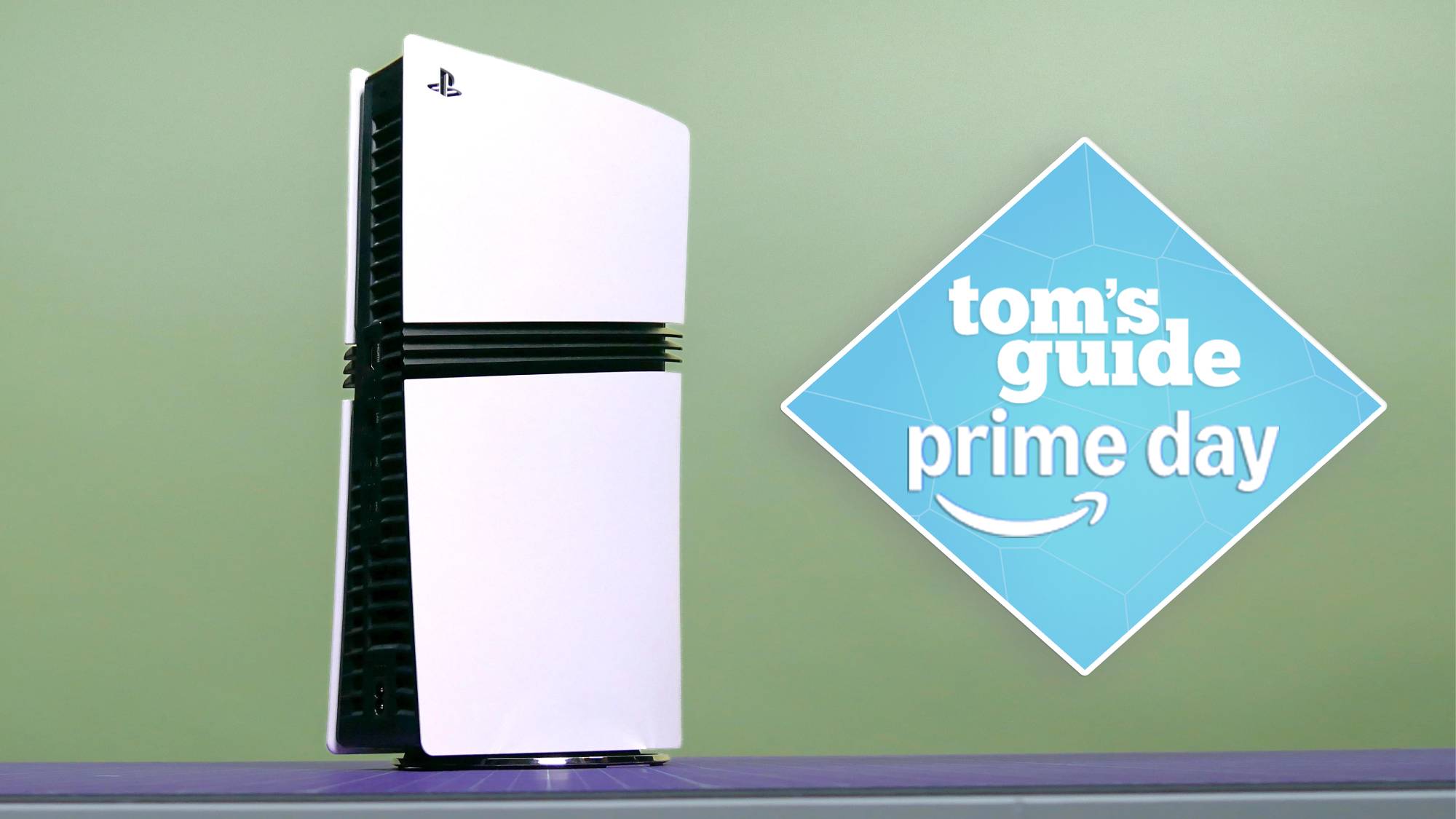 PS5 Pro console on a table with a Tom&#039;s Guide Prime Day deal tag overlay