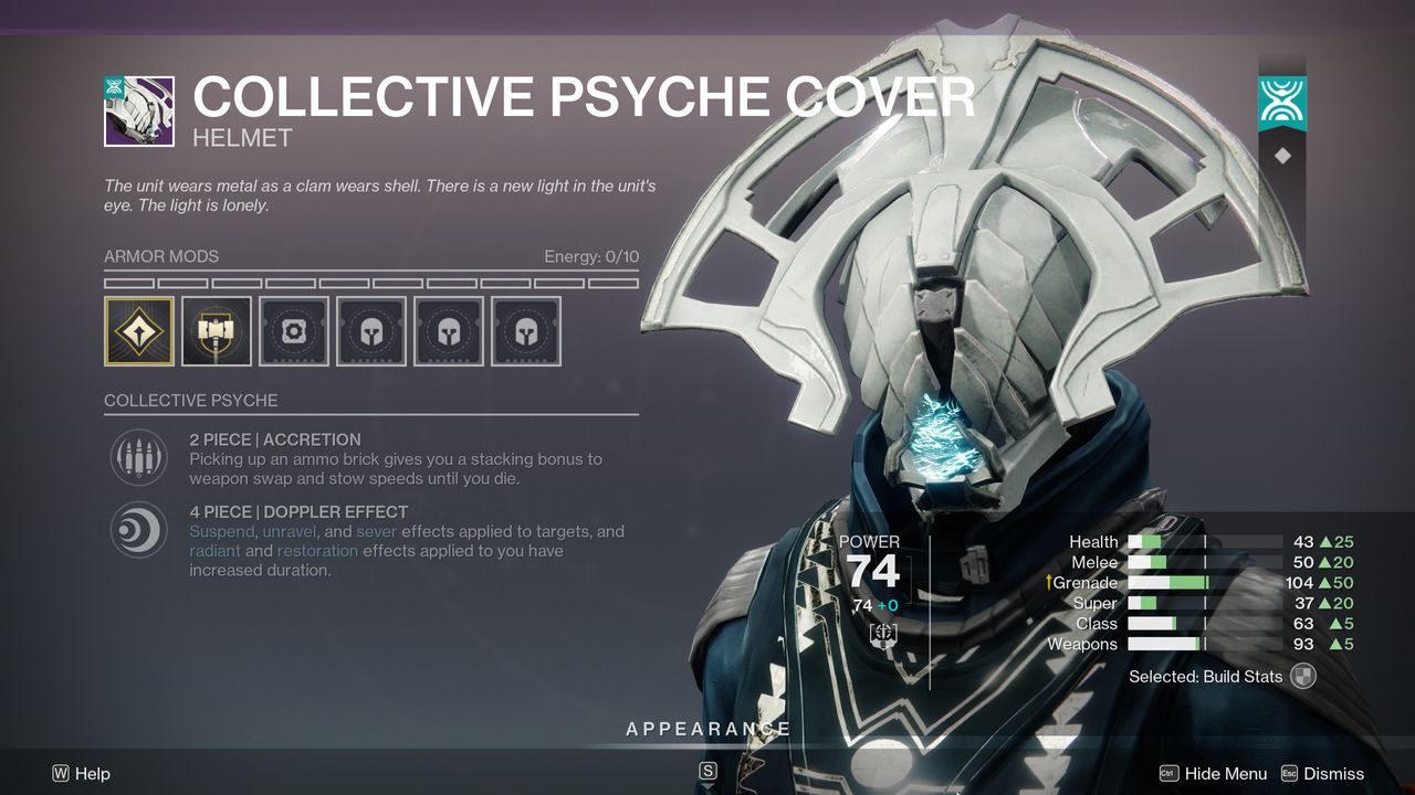 Destiny 2 The Desert Perpetual raid loot table: The Collective Psyche armour set in the inspection menu, showing its set bonus.