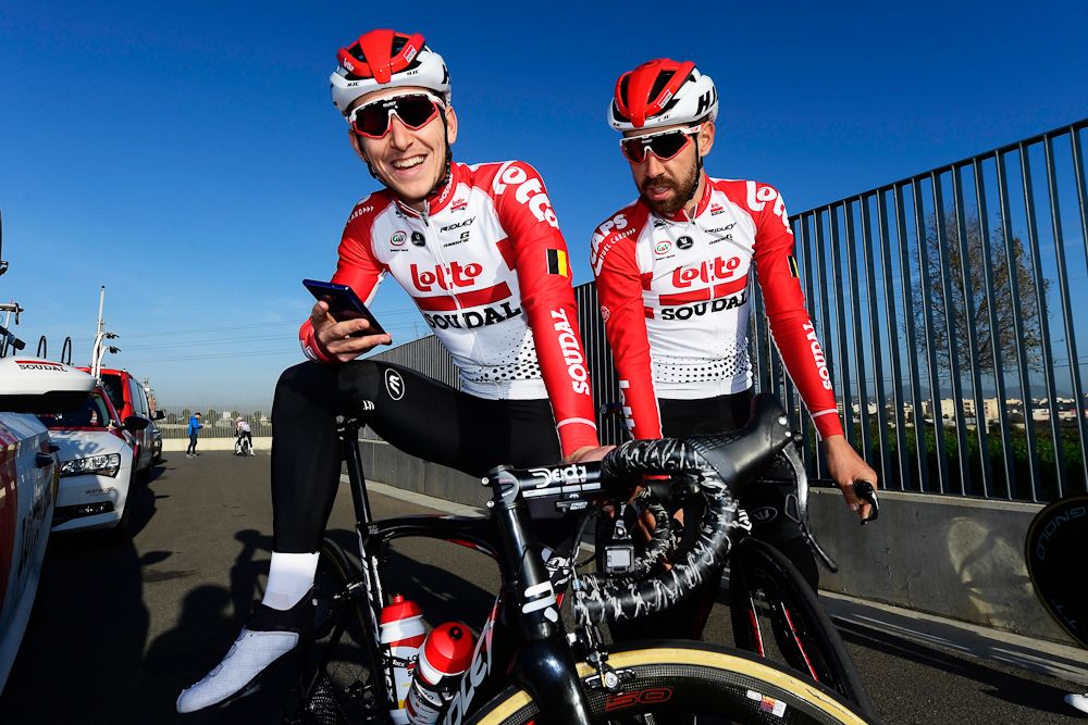 Tiesj Benoot and Thomas De Gendt take a phone break