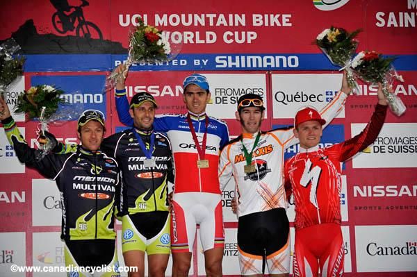 men's podium: Ralph N&auml;f, Jos&eacute; Hermida, Julien Absalon, Geoff Kabush, Burry Stander
