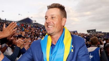 Henrik Stenson celebrates with the crowd after Ryder Cup victory