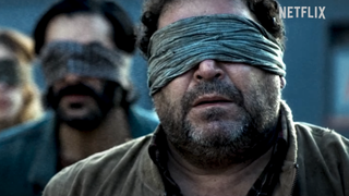 Bird Box Barcelona still image showing people in blindfolds