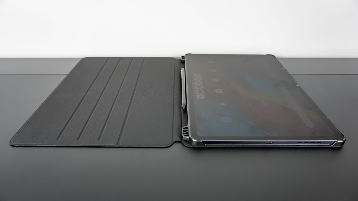 The TCL NXTPAPER 14 in its case open on a desk