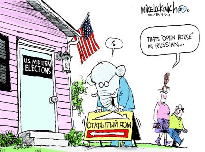 Political cartoon U.S. midterm elections open house Trump Russia investigation meddling collusion election interference GOP