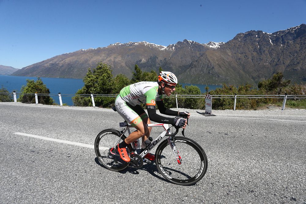 Nick Reddish of Hamilton out front of the breakaway group as they head towards Queenstown in stage four of the Tour of Southland