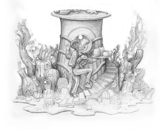 Sketching tips: a sketch of a deep sea diver visiting an underwater home to demonstrate how symmetry in sketching.