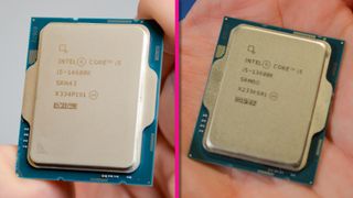 An Intel Core i5-14600K vs 13600K held in masculine hands