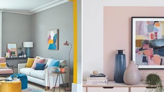 Collage image showing two living rooms with creative paint ideas to enhance the architecture to show how to transform a living room on a budget with minimal paint