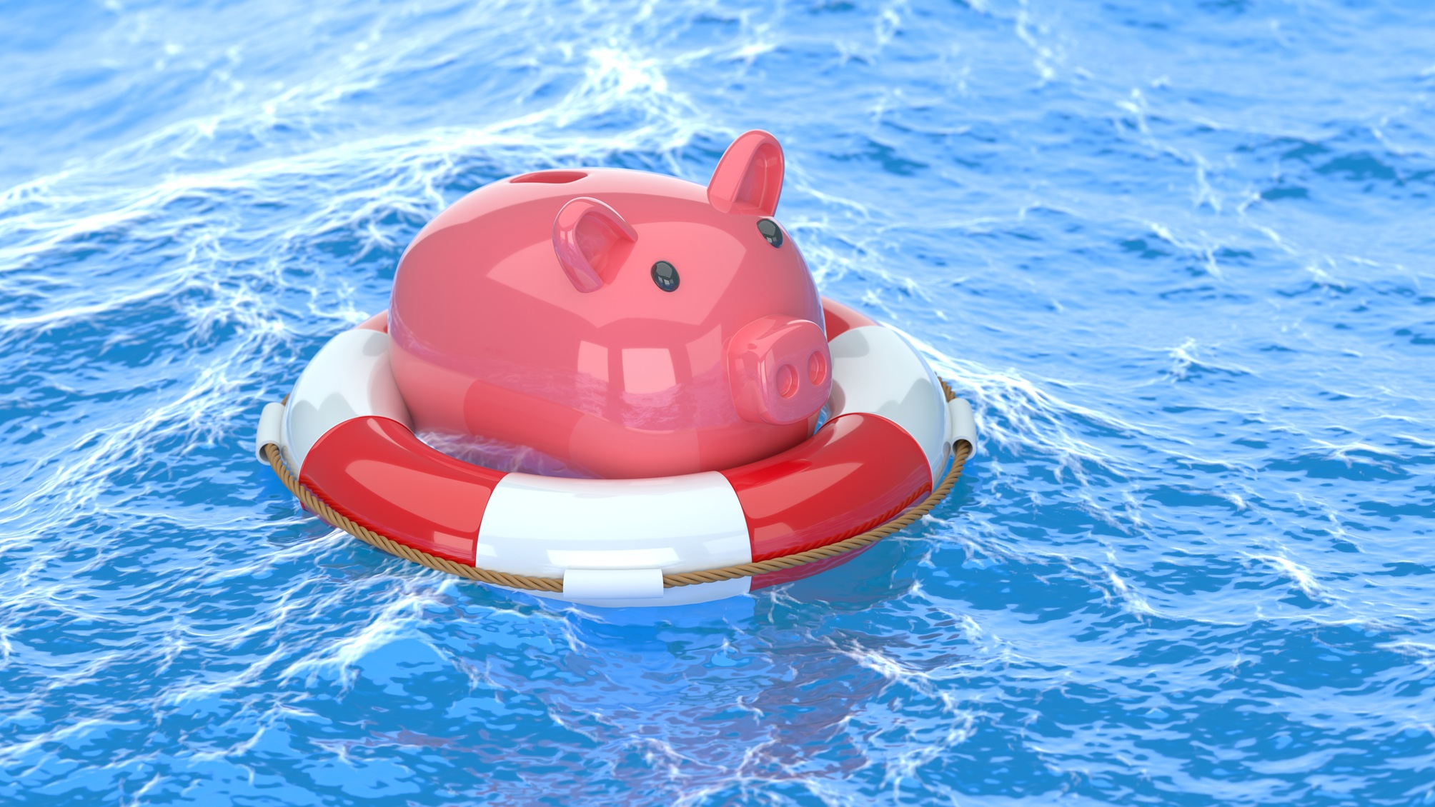 A piggy bank balanced on a lifesaver in rough blue water.