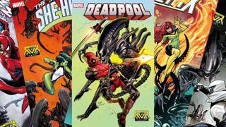 collage of five comic-book covers, showing superheroes fighting alien creatures