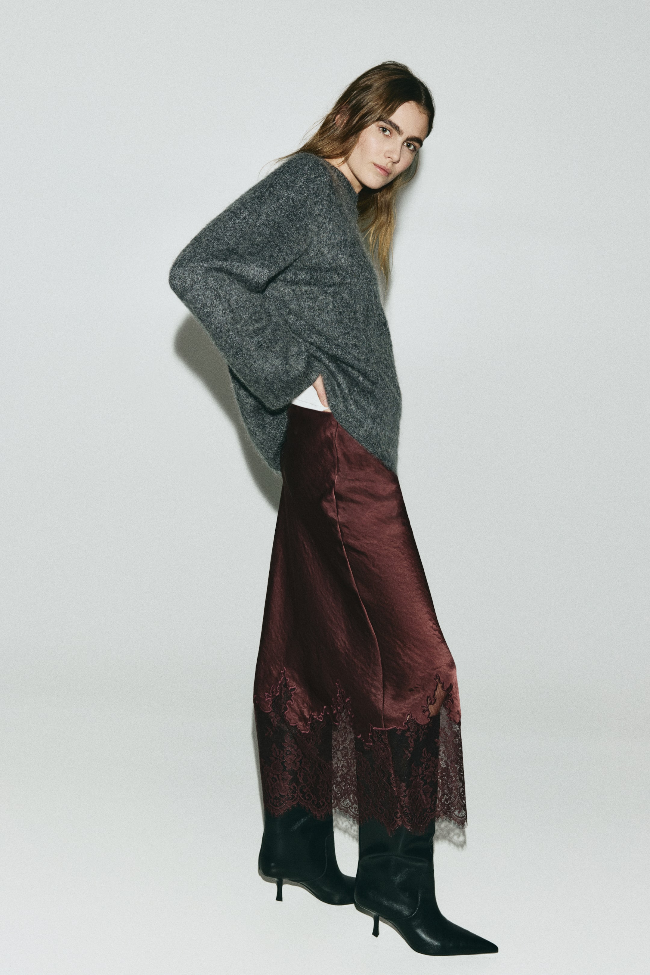 Lace-Trimmed Satin Skirt - Burgundy