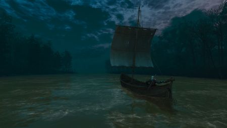 The Witcher 3 screenshots from quest 'A Towerfull of Mice', depicting scenes of a gloomy river and tower haunted by a Plague Maiden 