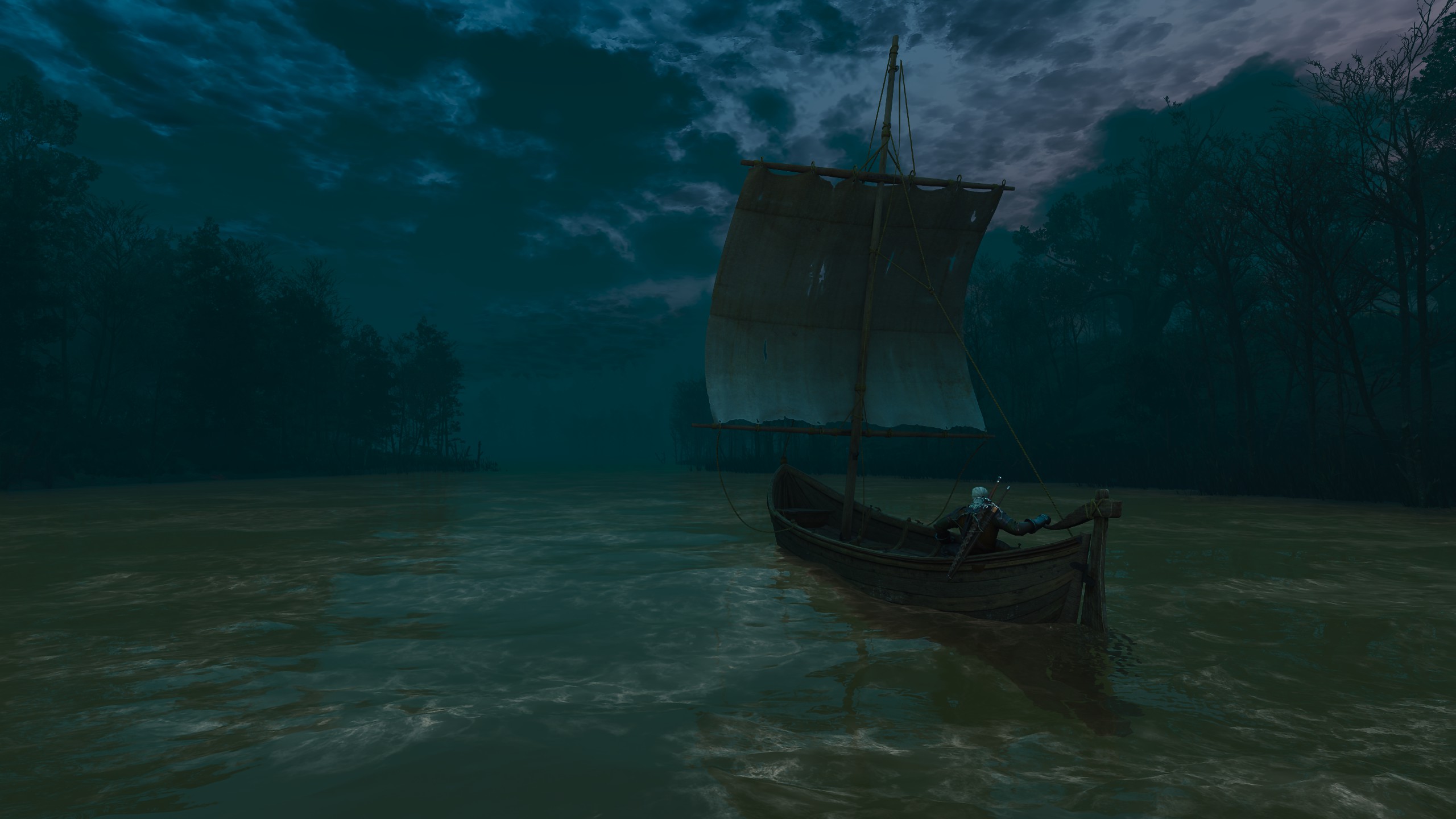 The Witcher 3 screenshots from quest 'A Towerfull of Mice', depicting scenes of a gloomy river and tower haunted by a Plague Maiden 