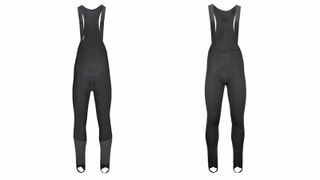 Front and back view of a pair of black Velocio Zero bib tights