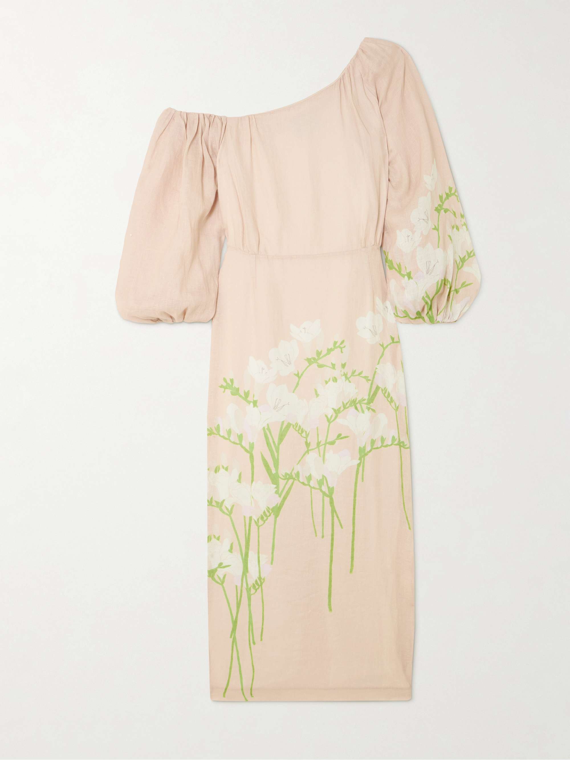 Cara Off-The-Shoulder Gathered Floral-Print Linen Midi Dress