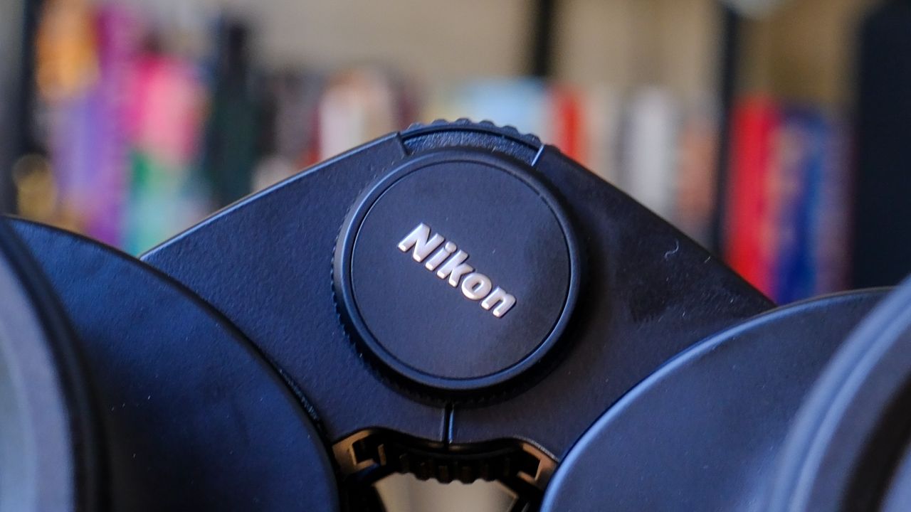 The Nikon logo in the middle of the barrels on the Nikon Action Zoom 10-22x50 binoculars.