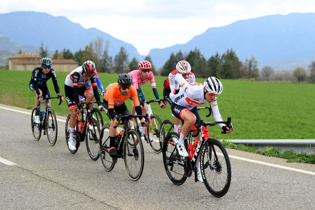 BO TALL SPAIN MARCH 24 Marc Soler Gimenez of Spain and UAE Team Emirates Bruno Armirail of France and Team Groupama FDJ Juan Pedro Lpez of Spain and Team Trek Segafredo Jess Herrada Lopez of Spain and Team Cofidis Hugh Carthy of United Kingdom and EF Education Easypost Mark Donovan of United Kingdom and Team DSM and Mikel Bizkarra Etxegibel of Spain and Team Euskaltel Euskadi compete in the breakaway during the 101st Volta Ciclista a Catalunya 2022 Stage 4 a 1665km stage from La Seu dUrgell to Bo Tall 2015m VoltaCatalunya101 WorldTour on March 24 2022 in Bo Tall Spain Photo by David RamosGetty Images