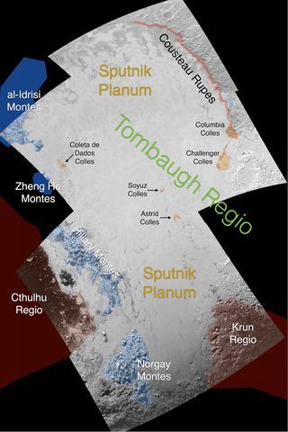 Image showing the informal names being used by the New Horizons team for features on the icy Pluto plains known as Sputnik Planum. These monikers have not yet been approved by the International Astronomical Union (IAU).