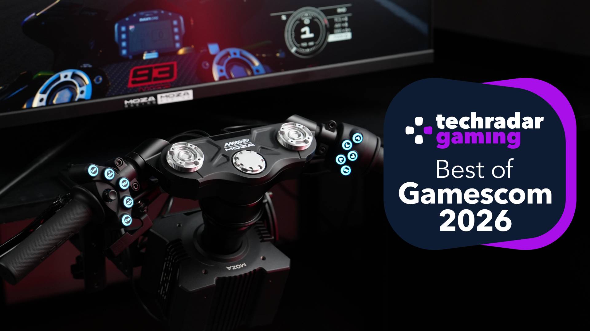 The Moza x MotoGP handlebars with the TechRadar Gaming Best of Gamescom 2026 badge