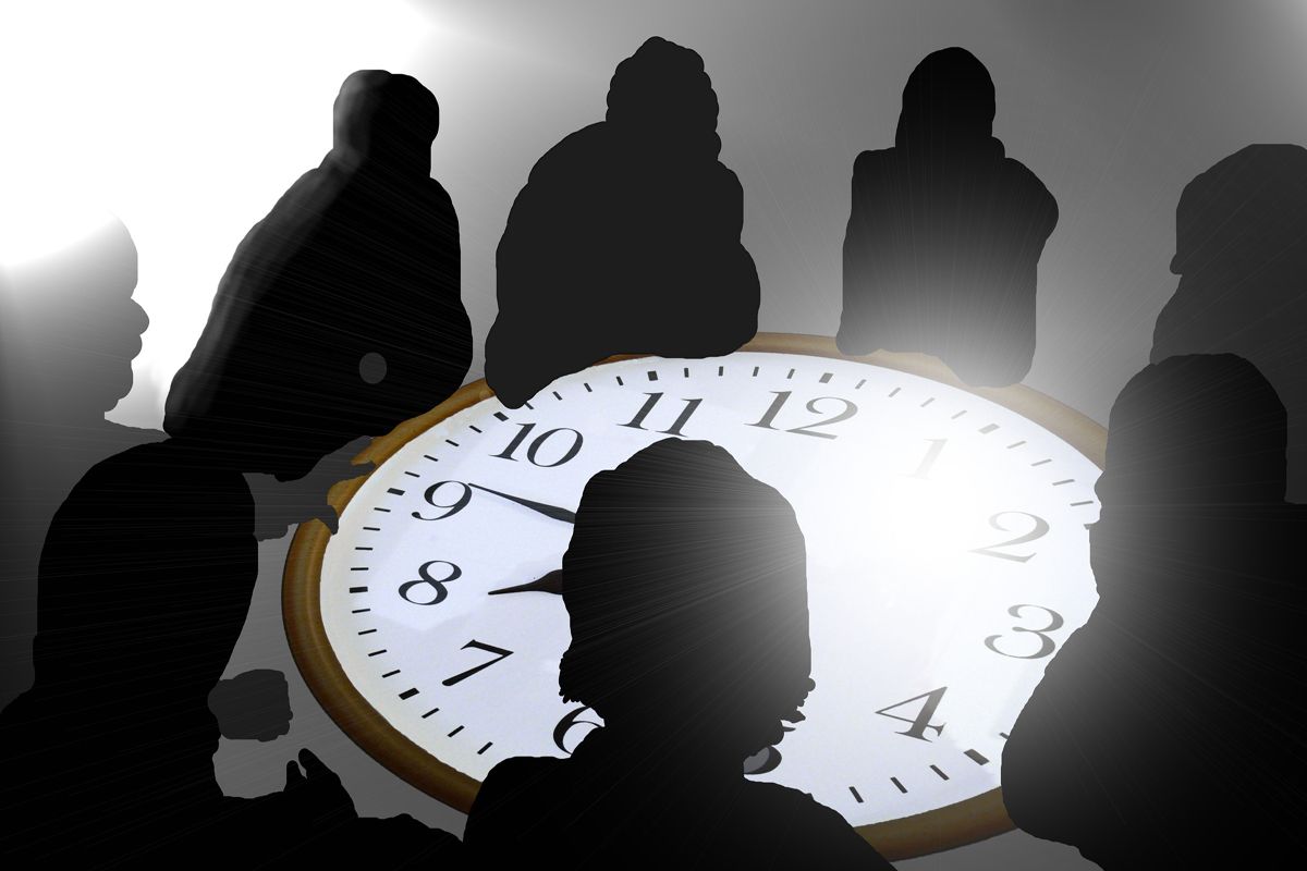 Shadows gathered around clock-based table