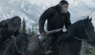 War for the Planet of the Apes Caesar rides with a shotgun in hand