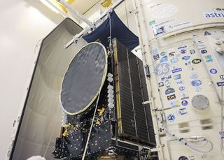 The Optus 10 spacecraft is seen during launch preparations at the Guiana Space Center