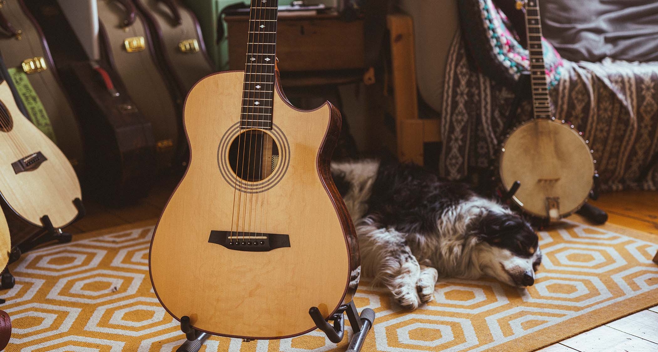 Martin Simpson's Fylde acoustic &ndash; and his dog sleeping in the background