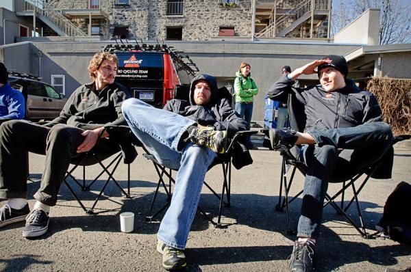 Chris Barton, Frank Pipp and Chase Pinkham stay warm on chilly morning