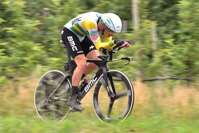 BMC's Rohan Dennis en route to stage victory on the stage 16 time trial at the 2018 Giro d'Italia
