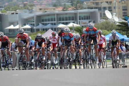 The Jayco-AIS women patrol the front early in the race. Their teamwork would pay off with Jessie Maclean taking a well-earned win in the sprint.