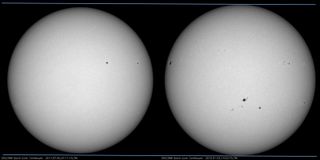 This image shows a comparison of HMI Quick-Look continuum images from January 2012 (right) and July 2011 as seen by NASA's Solar Dynamics Observatory. The two horizontal lines show how high the sun appears today. When those lines are extended to the left, the July image is a little over 3 percent smaller.