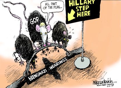 Political cartoon U.S. Benghazi Hearings Hillary Clinton Mouse Trap