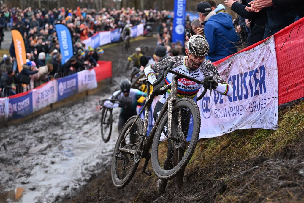 Dutch Mathieu Van Der Poel pictured in action during the men&#039;s elite race at the World Cup cyclocross cycling event in Maasmechelen, Belgium, stage 11 (out of 12) of the UCI World Cup cyclocross competition, Saturday 25 January 2025. BELGA PHOTO LUC CLAESSEN (Photo by LUC CLAESSEN / BELGA MAG / Belga via AFP)