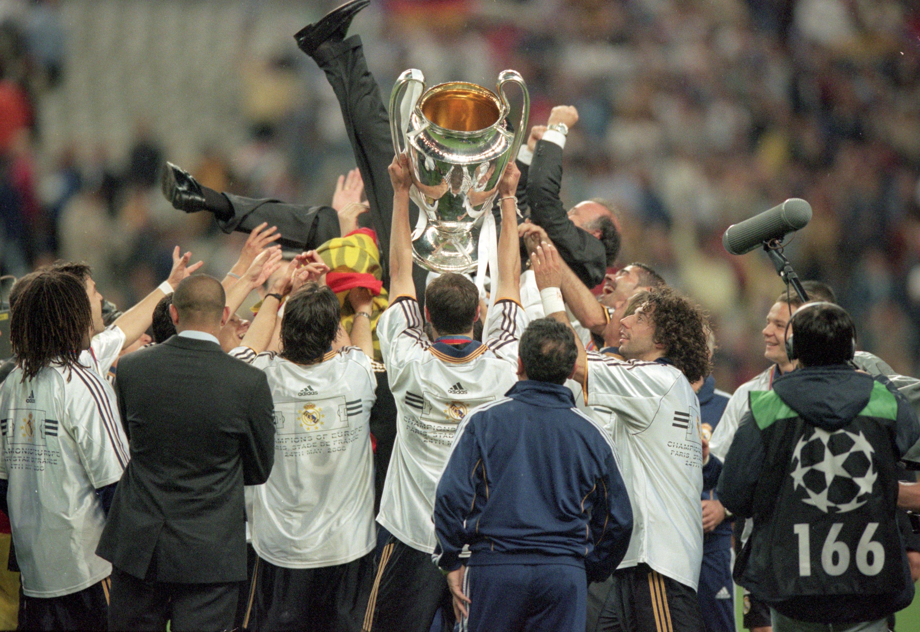 Vicente del Bosque is thrown into the air by his Real Madrid players after Los Blancos' Champions League final win over Valencia in May 2000.