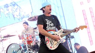 Travis Barker and Tom DeLonge of Blink-182 performs at the Sahara Tent during the 2023 Coachella Valley Music and Arts Festival on April 14, 2023 in Indio, California