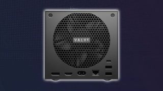 Back view of Steam Machine with Valve logo on fan and ports at bottom with SteamOS dot wallpaper in backdrop.