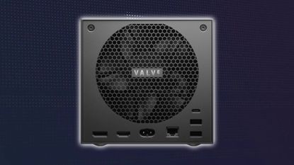 Back view of Steam Machine with Valve logo on fan and ports at bottom with SteamOS dot wallpaper in backdrop.