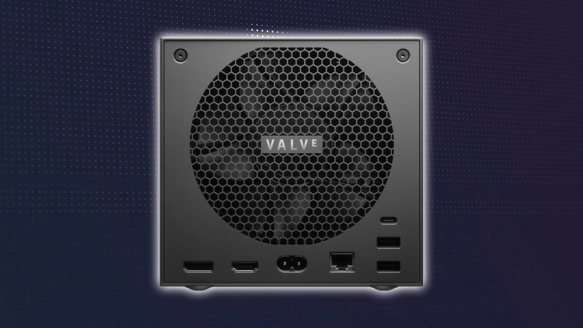 Back view of Steam Machine with Valve logo on fan and ports at bottom with SteamOS dot wallpaper in backdrop.
